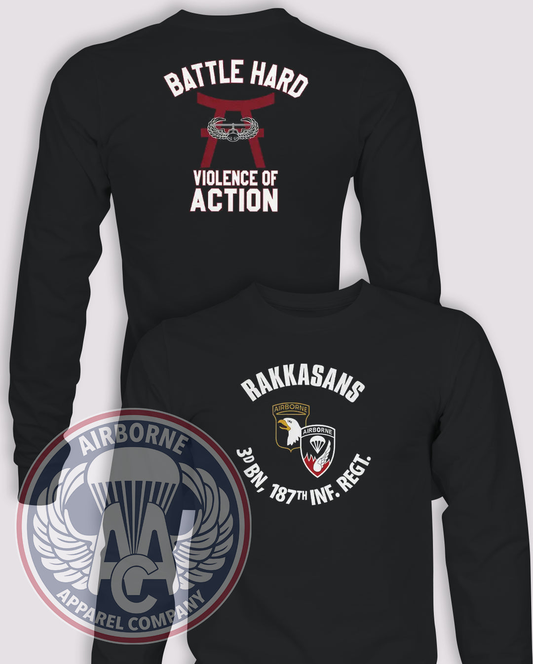 3-187 Violence of Action Reproduction Long-Sleeve T-Shirt, Black, front and back views