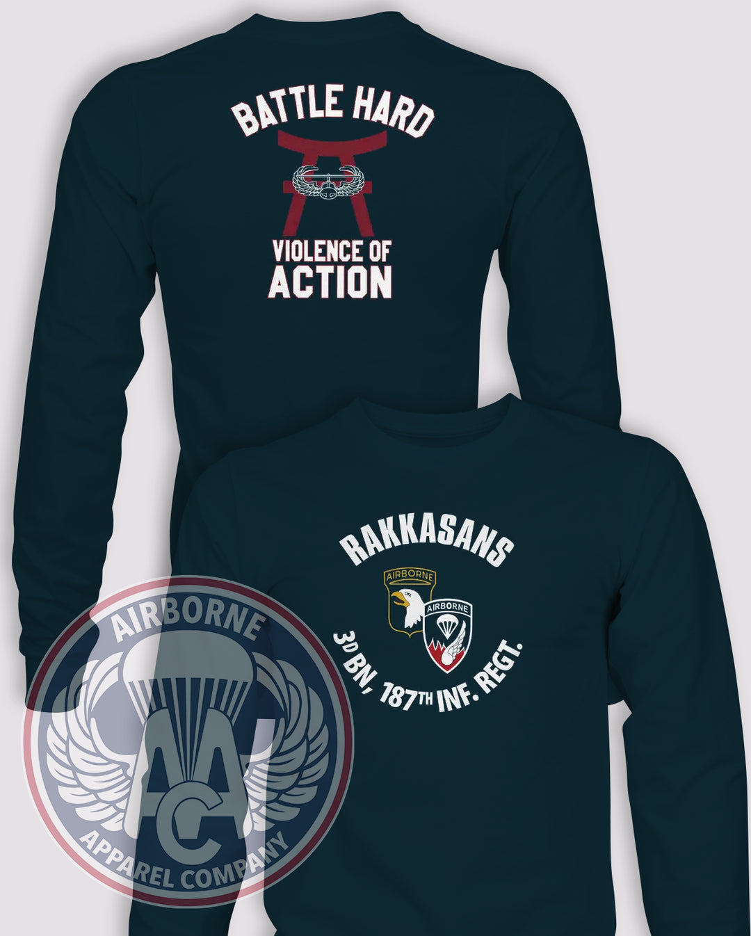 3-187 Violence of Action Reproduction Long-Sleeve T-Shirt, Navy, front and back views