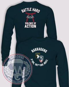 3-187 Violence of Action Reproduction Long-Sleeve T-Shirt, Navy, front and back views