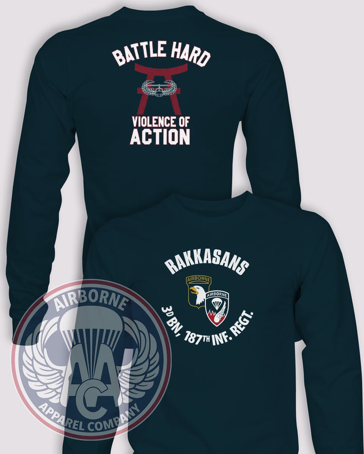 3-187 Violence of Action Reproduction Long-Sleeve T-Shirt, Navy, front and back views