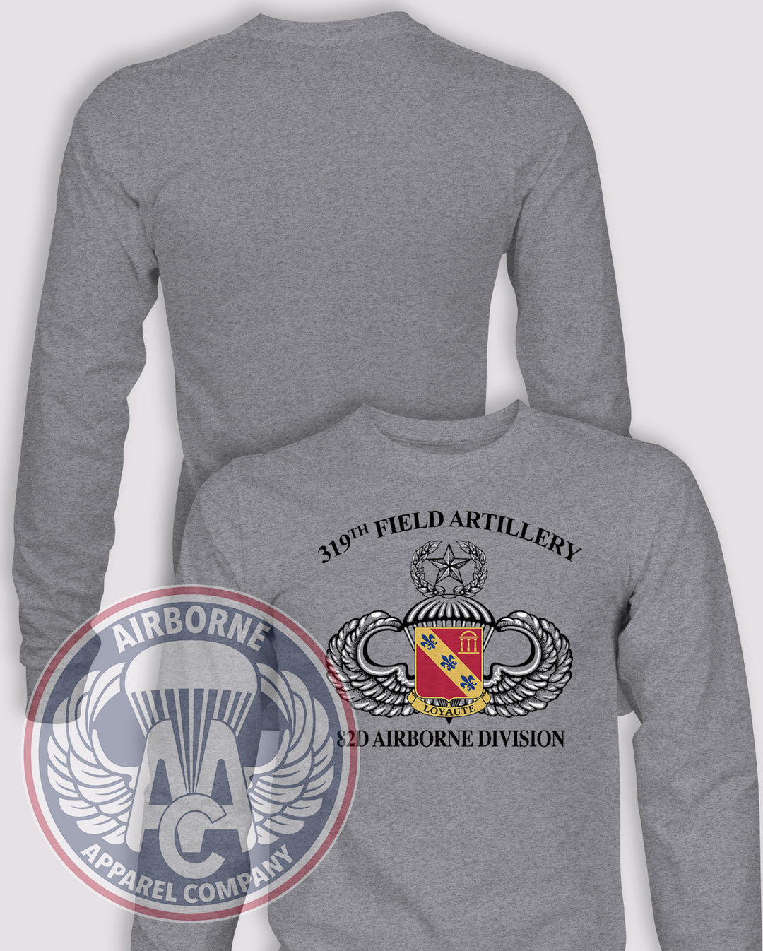 319th AFAR 90s Style PT Long Sleeve T-shirt – Heather Grey – 319FA-001B; front print, blank back and sleeves