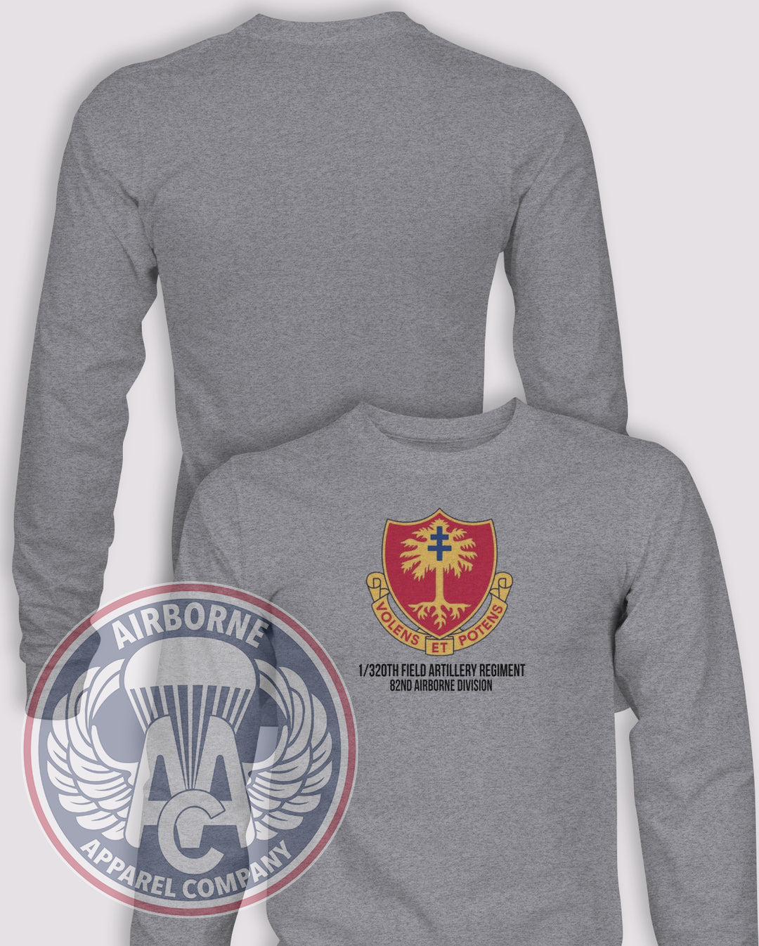 1st Battalion 320th Field Artillery Regiment Long-Sleeve T-Shirt, Heather Grey, front graphic and blank back; unprinted sleeves