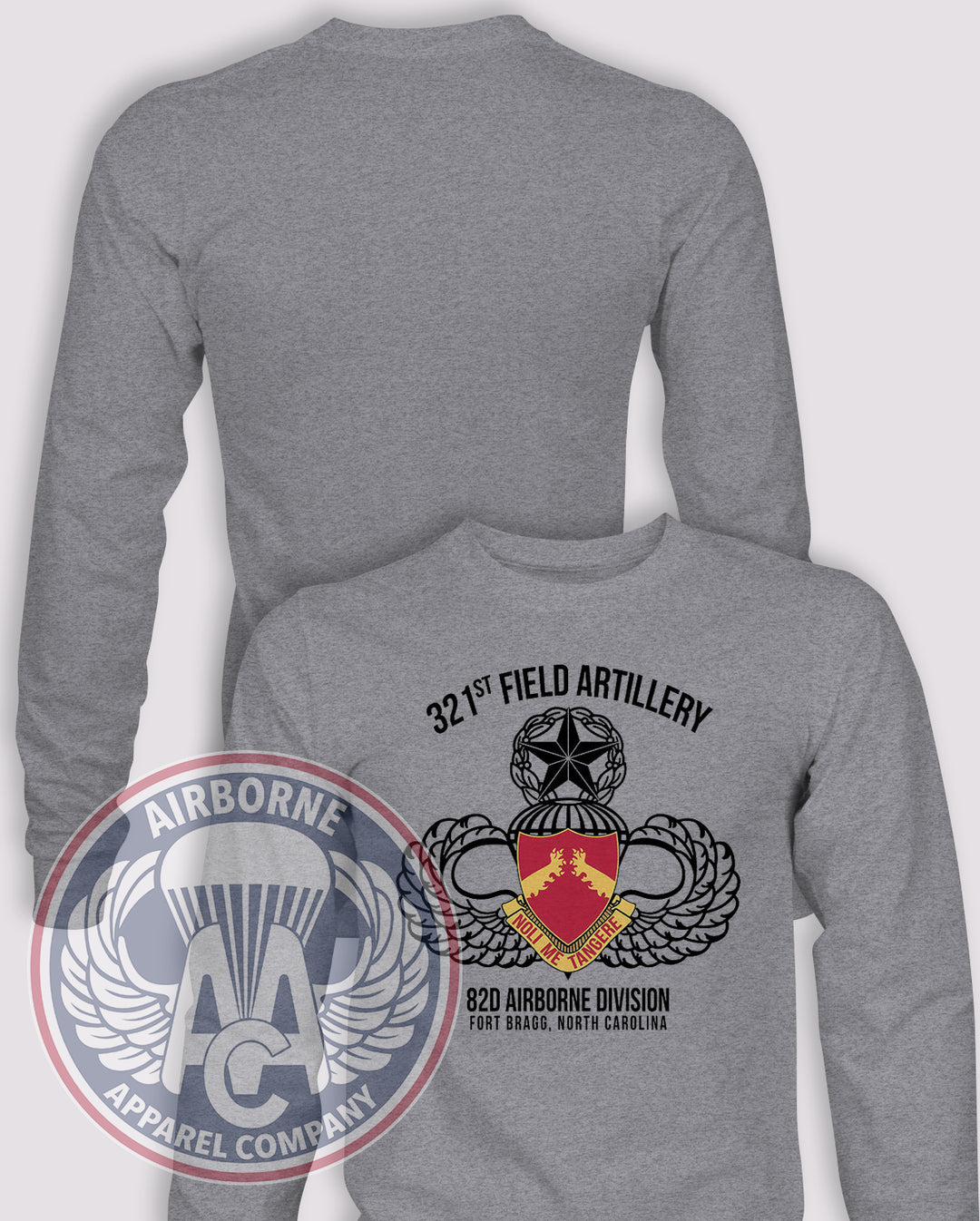 321st Field Artillery Vintage Style PT Long-Sleeve T-Shirt, Heather Grey, front graphic and blank back; unprinted sleeves