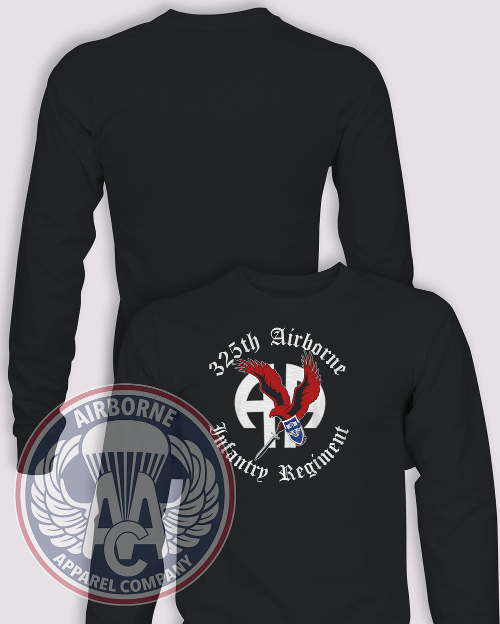 325th Airborne Infantry Regiment Long-Sleeve T-Shirt, Black, front graphic and blank back; unprinted sleeves