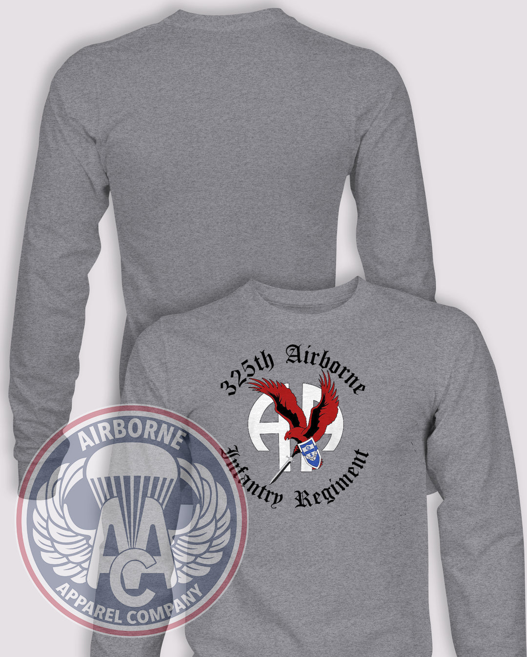 325th Airborne Infantry Regiment Long-Sleeve T-Shirt, Heather Grey, front graphic and blank back; unprinted sleeves