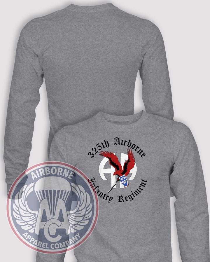 325th Airborne Infantry Regiment Long-Sleeve T-Shirt, Heather Grey, front graphic and blank back; unprinted sleeves