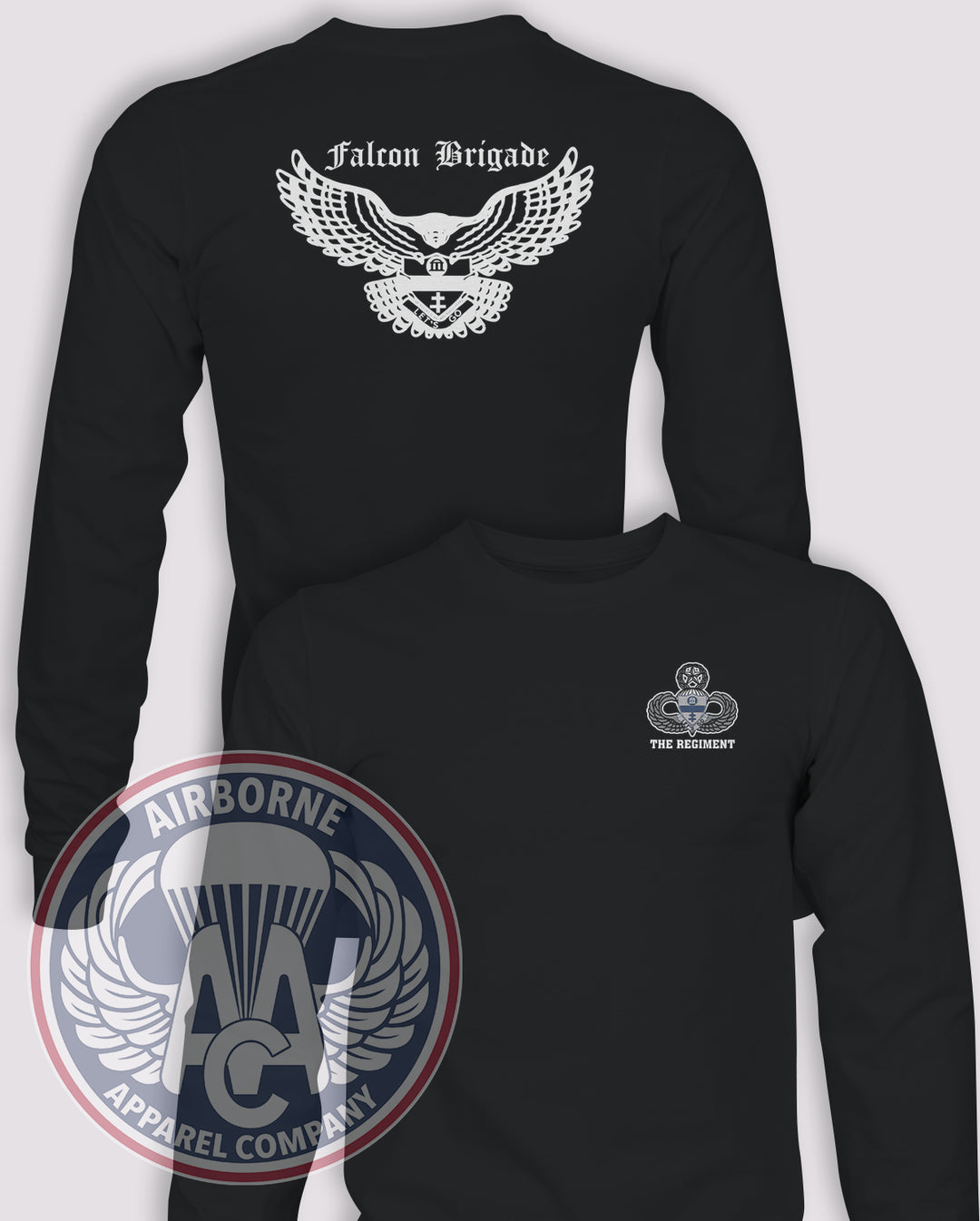 325th Airborne Infantry Regiment Falcon Brigade The Regiment Reproduction Long-Sleeve T-Shirt, Black, front and back views