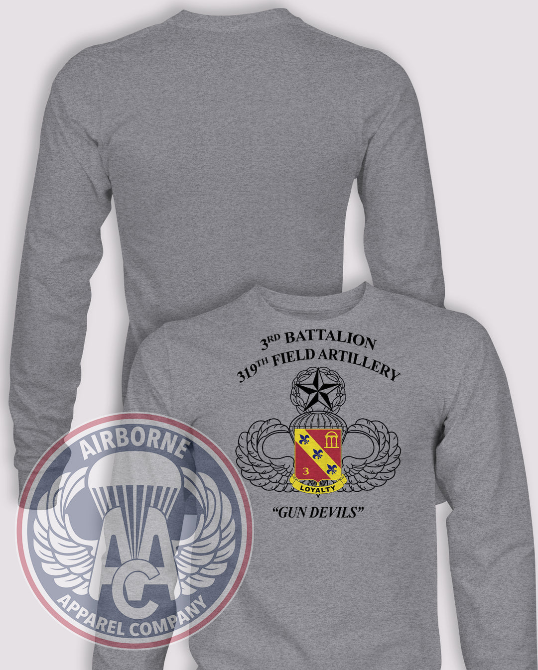 3-319th 90s style PT Long Sleeve T-shirt – Heather Grey – 3319FA-002; front print, blank back and sleeves