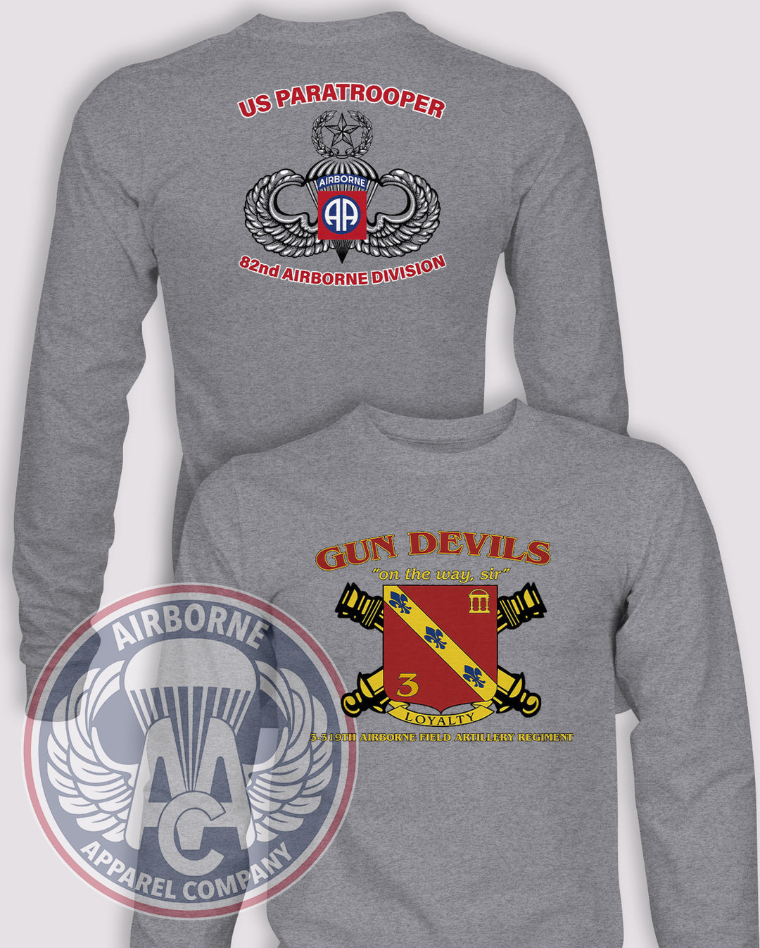 3-319 AFAR Gun Devils Throwback Long-Sleeve T-Shirt, Heather Grey, front and back views