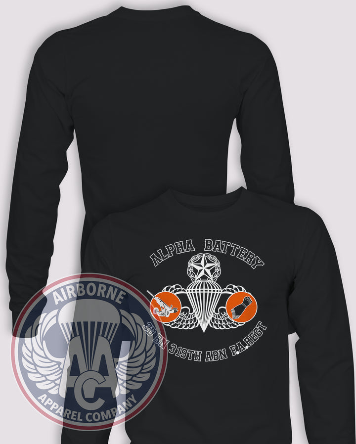 3-319th AFAR 80s Replica Long Sleeve T-shirt – Black – 3319FAR-A-003; front print, blank back and sleeves