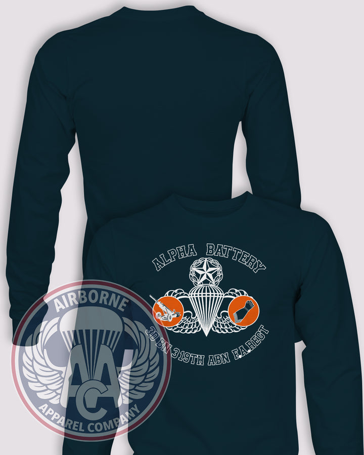 3-319th AFAR 80s Replica Long Sleeve T-shirt – Navy – 3319FAR-A-003; front print, blank back and sleeves