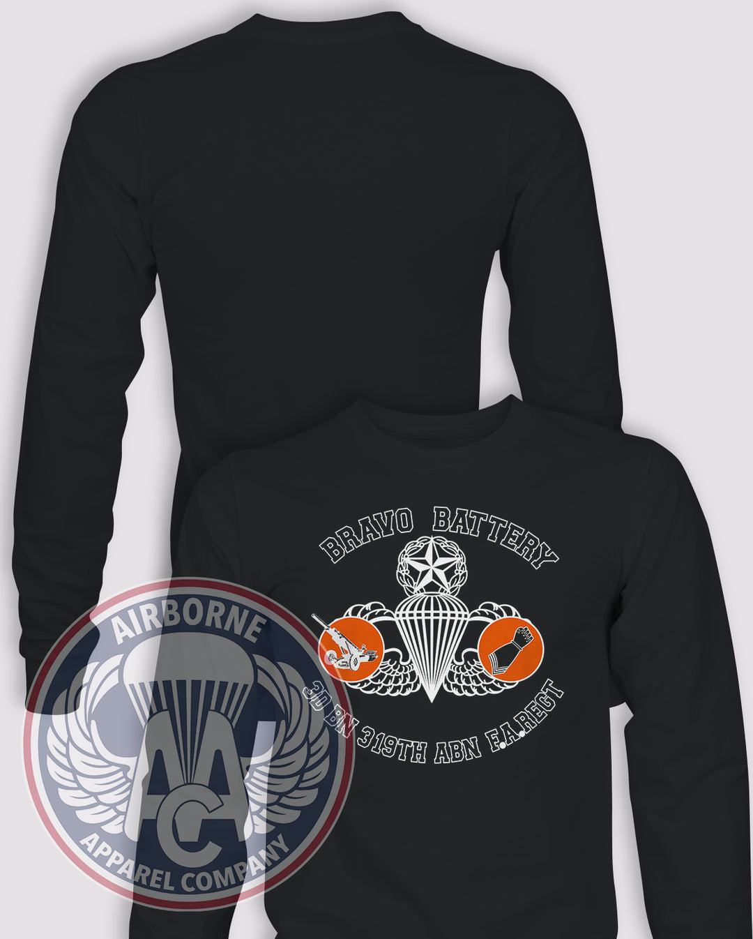 3-319th AFAR 80s Replica Long Sleeve T-shirt – Black – 3319FAR-B-003; front print, blank back and sleeves