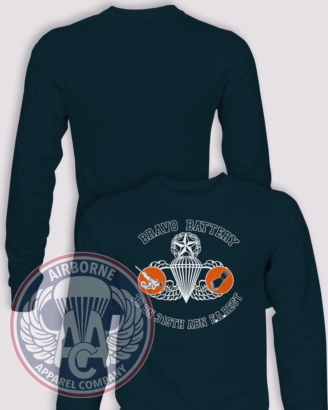 3-319th AFAR 80s Replica Long Sleeve T-shirt – Navy – 3319FAR-B-003; front print, blank back and sleeves