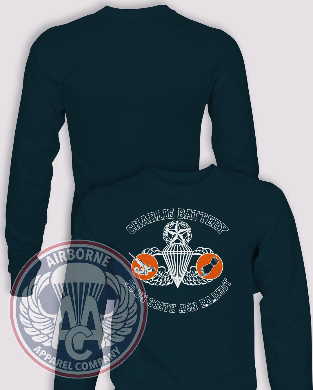 3-319th AFAR 80s Replica Long Sleeve T-shirt – Navy – 3319FAR-C-003; front print, blank back and sleeves