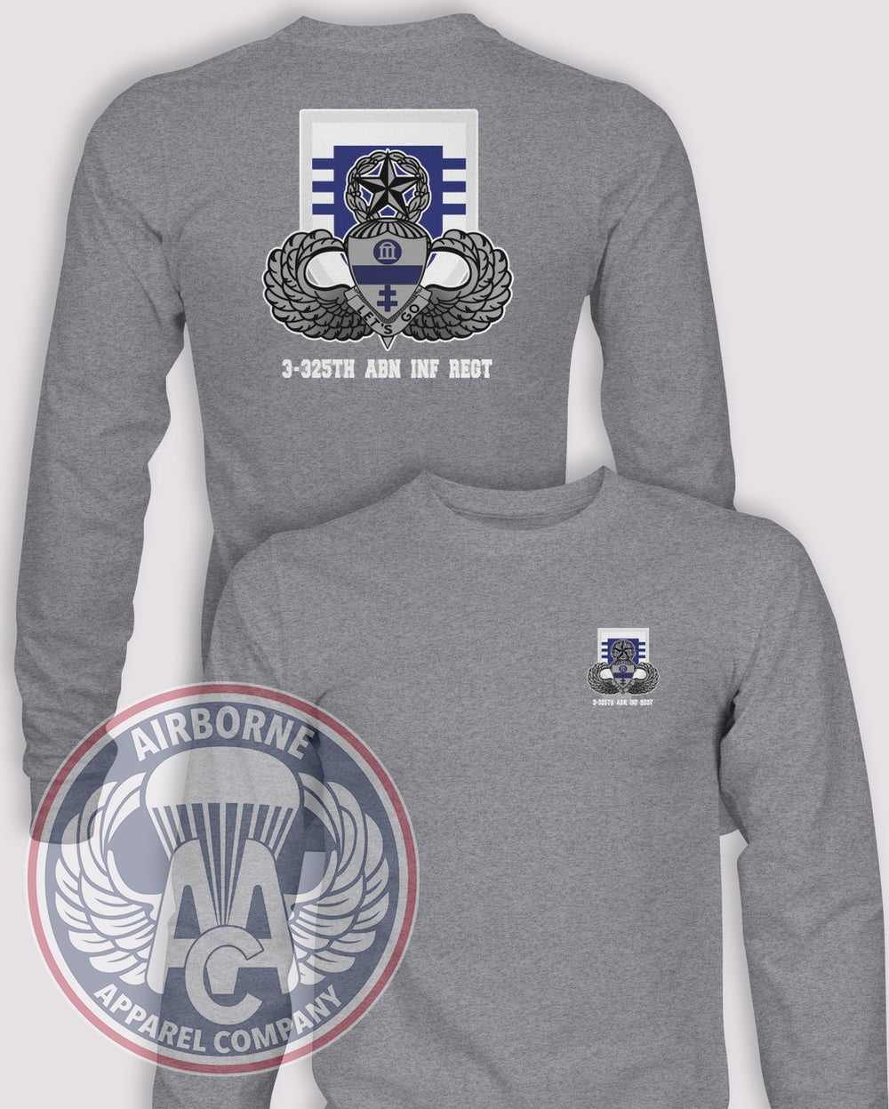 3-325 Airborne Infantry Regiment Reproduction Long-Sleeve T-Shirt, Heather Grey, front and back views