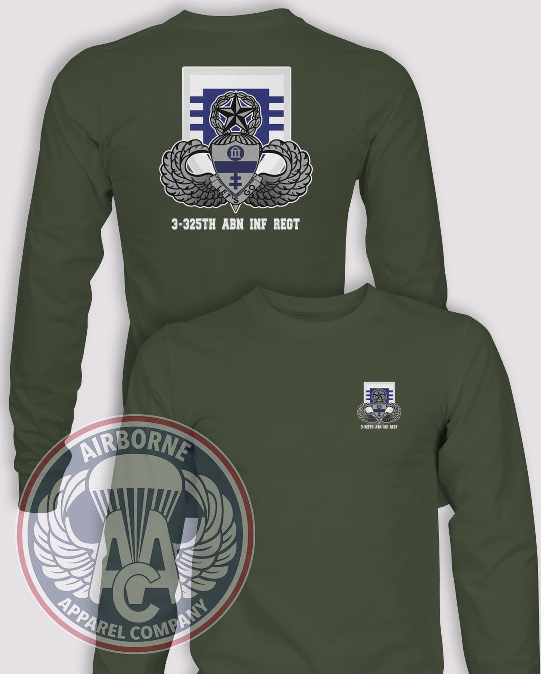3-325 Airborne Infantry Regiment Reproduction Long-Sleeve T-Shirt, OD Green, front and back views