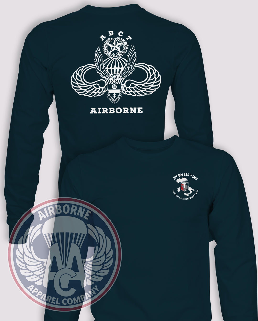 3/325th Airborne Battalion Combat Team Reproduction Long-Sleeve T-Shirt, Navy, front and back views