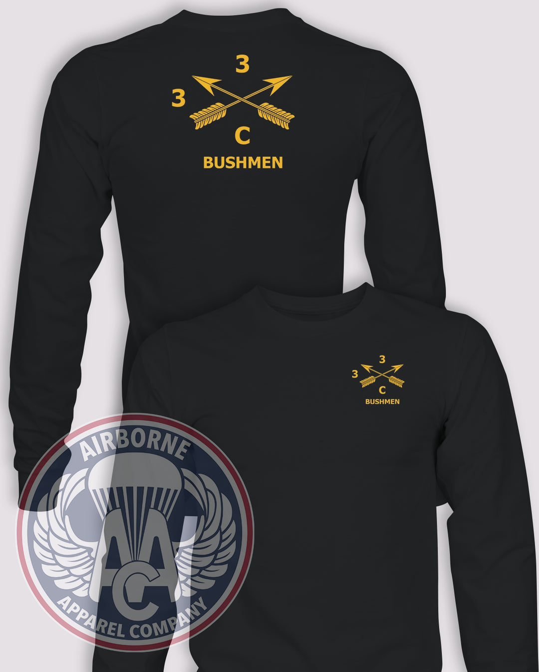 3-3rd Special Forces Group Guidon Long-Sleeve T-Shirt, Black, CHARLIE, front and back views