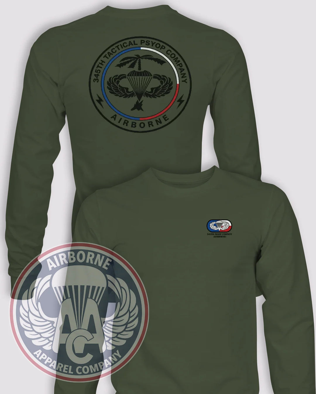 345th Tactical PSYOP Company (Airborne) Long-Sleeve T-Shirt, OD Green, front and back views