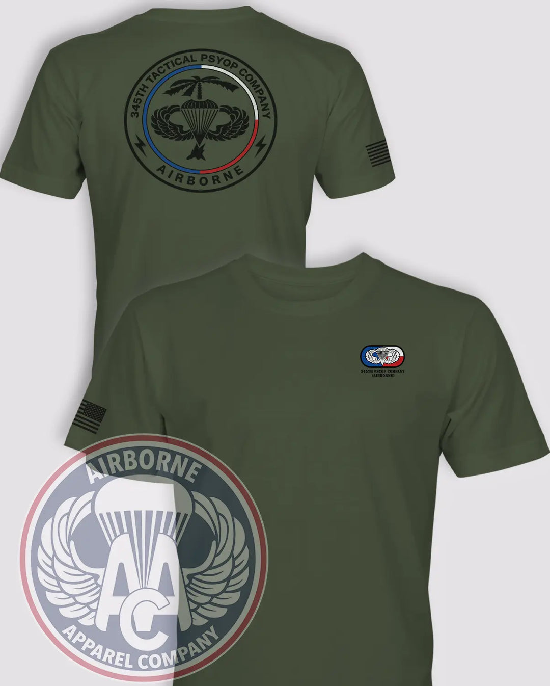 345th Tactical PSYOP Company Airborne OD Green lightweight cotton T-shirt, front and back views