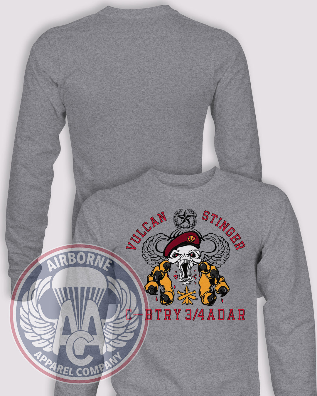 3/4 ADA Regiment C Battery Classic Reproduction Long Sleeve T-shirt in Heather Grey, front design with blank back and sleeves.