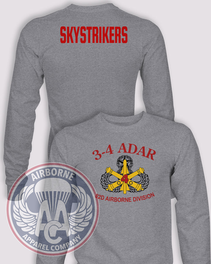 3-4 Air Defense Artillery Skystrikers Long-Sleeve T-Shirt, Heather Grey, front and back views