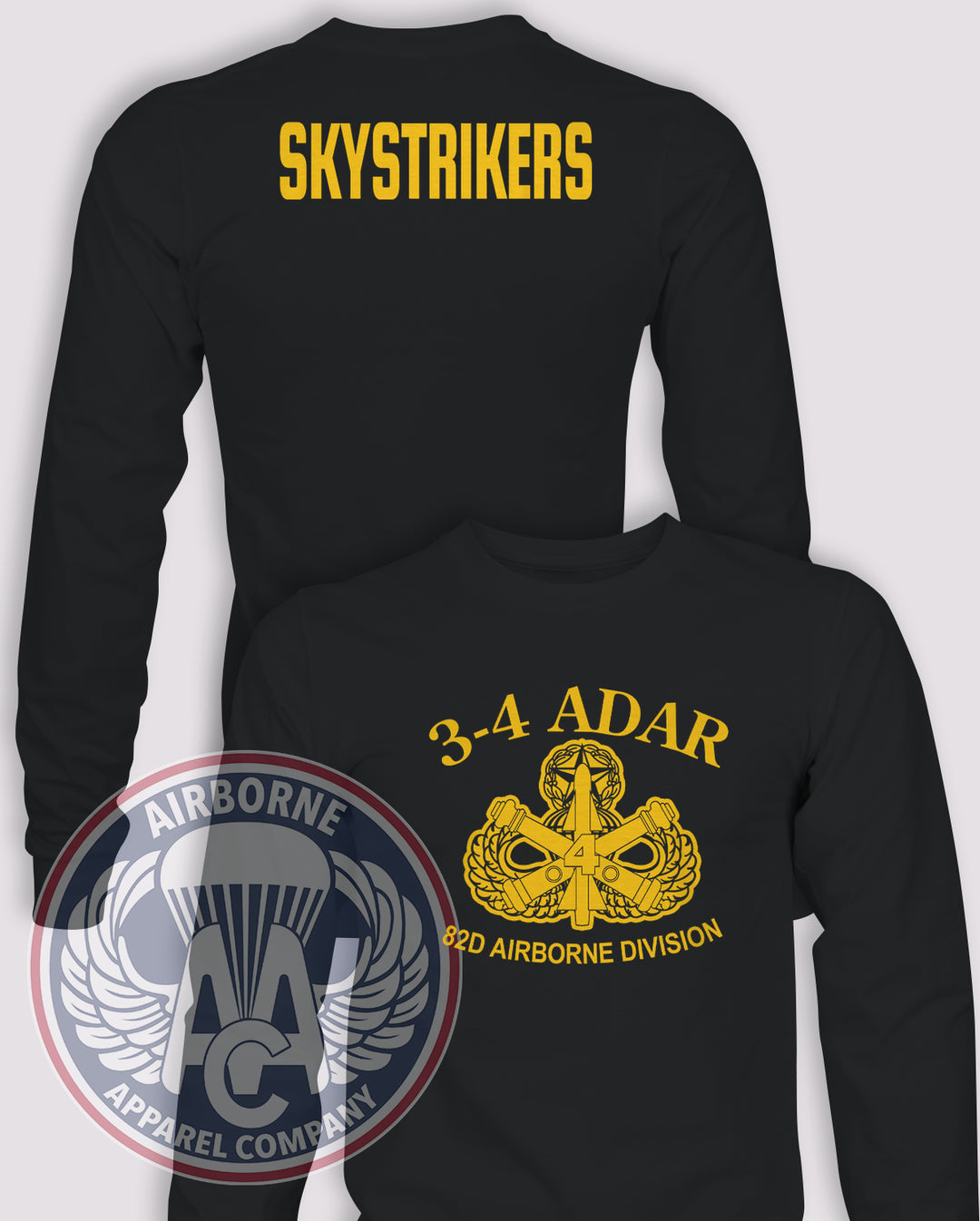 3-4 Air Defense Artillery Skystrikers Long-Sleeve T-Shirt, Black, front and back views