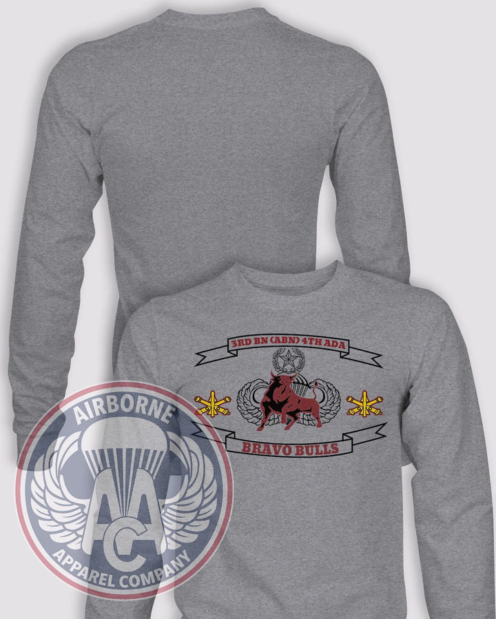 Bravo Battery 3/4 ADA Reproduction Long-Sleeve T-Shirt, Heather Grey, front graphic and blank back; unprinted sleeves