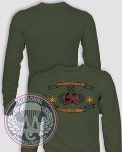 Bravo Battery 3/4 ADA Reproduction Long-Sleeve T-Shirt, OD Green, front graphic and blank back; unprinted sleeves