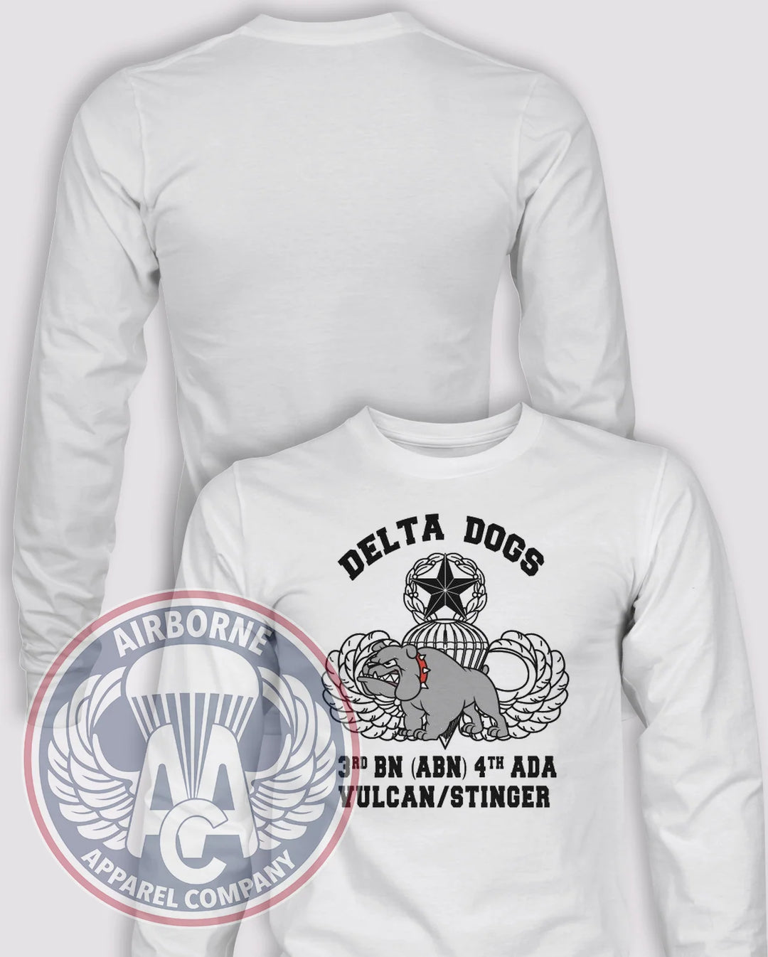 Delta 3/4 ADA 82nd Airborne Long-Sleeve T-Shirt, White, front graphic and blank back; unprinted sleeves
