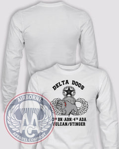 Delta 3/4 ADA 82nd Airborne Long-Sleeve T-Shirt, White, front graphic and blank back; unprinted sleeves
