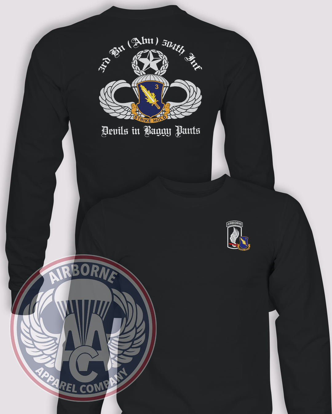 3-504 173rd Airborne Legacy Long-Sleeve T-Shirt, Black, front and back views