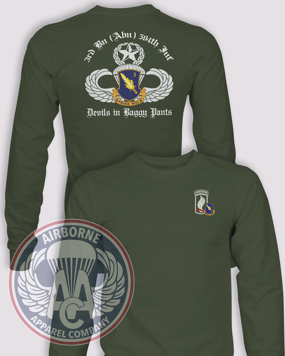 3-504 173rd Airborne Legacy Long-Sleeve T-Shirt, OD Green, front and back views