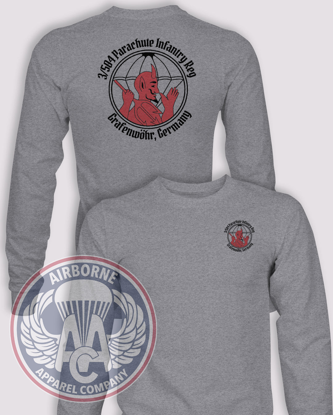 3-504 Grafenwöhr WWII Pocket Patch Long-Sleeve T-Shirt, Heather Grey, front and back views