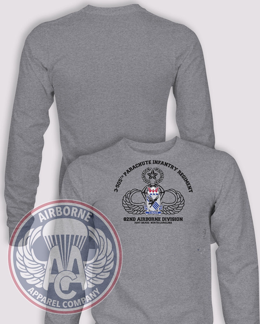 3-505th Classic Long-Sleeve T-Shirt, Heather Grey, front graphic and blank back; unprinted sleeves