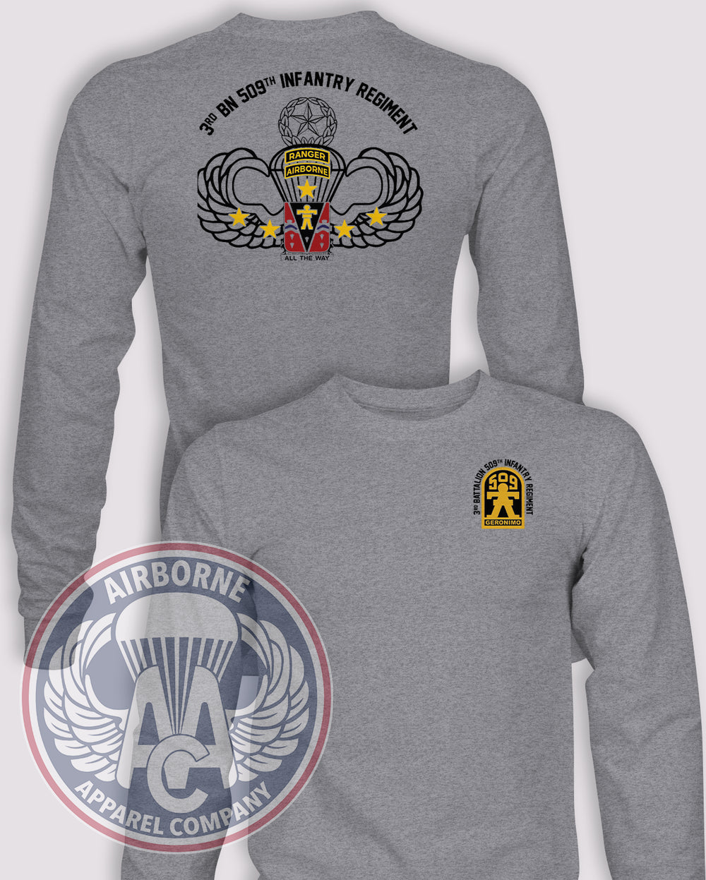 3-509 Infantry Regiment Arctic or Ranger Long-Sleeve T-Shirt, Heather Grey, Ranger, front and back views