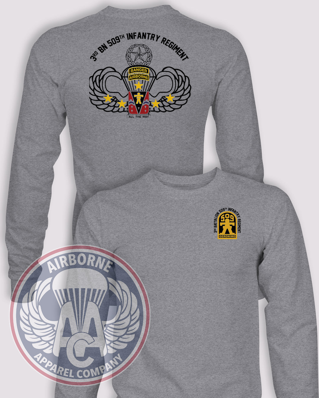 3-509 Infantry Regiment Arctic or Ranger Long-Sleeve T-Shirt, Heather Grey, Ranger, front and back views