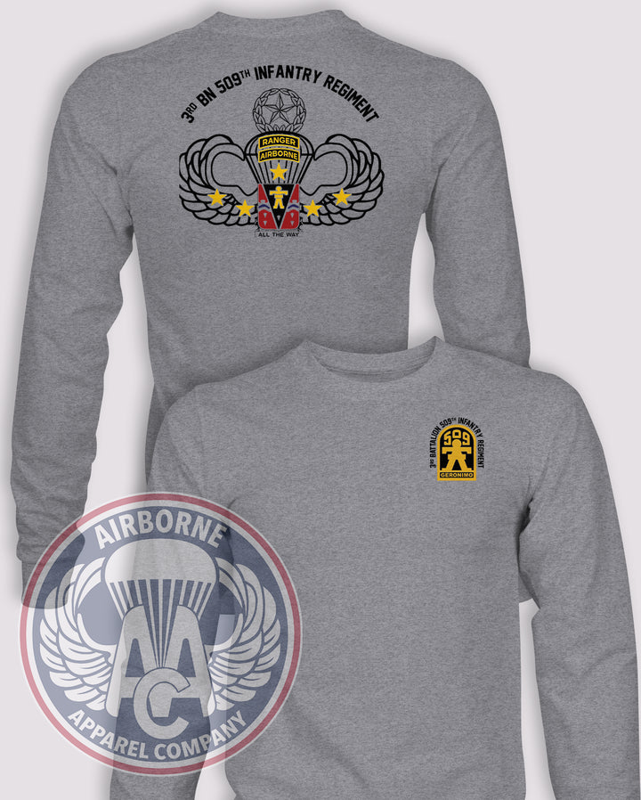 3-509 Infantry Regiment Arctic or Ranger Long-Sleeve T-Shirt, Heather Grey, Ranger, front and back views