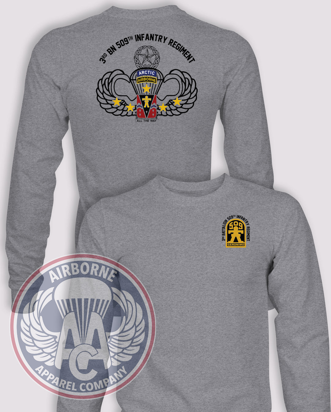 3-509 Infantry Regiment Arctic or Ranger Long-Sleeve T-Shirt, Heather Grey, Arctic, front and back views