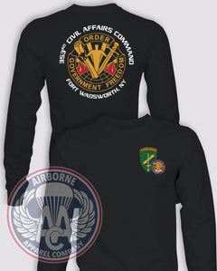 353rd Civil Affairs Command Long-Sleeve PT/Morale T-Shirt (Official), Black, front and back views