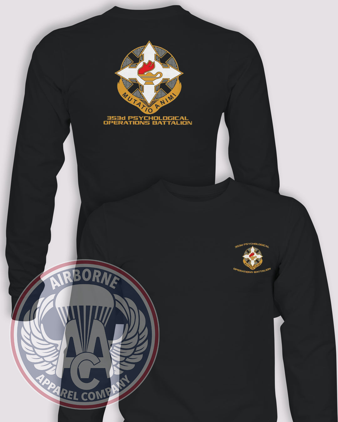 353rd Psychological Operations Battalion Long-Sleeve T-Shirt, Black, front and back views