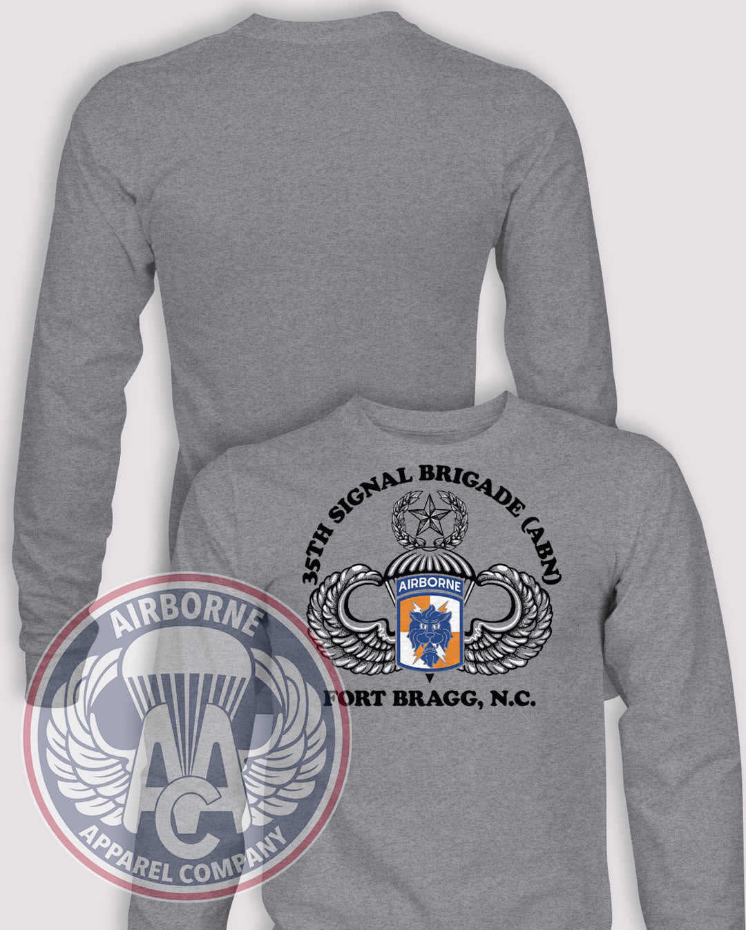 35th Signal Brigade 90s PT Reproduction Long Sleeve T-shirt – Heather Grey – 35SIG-001; front print, blank back and sleeves