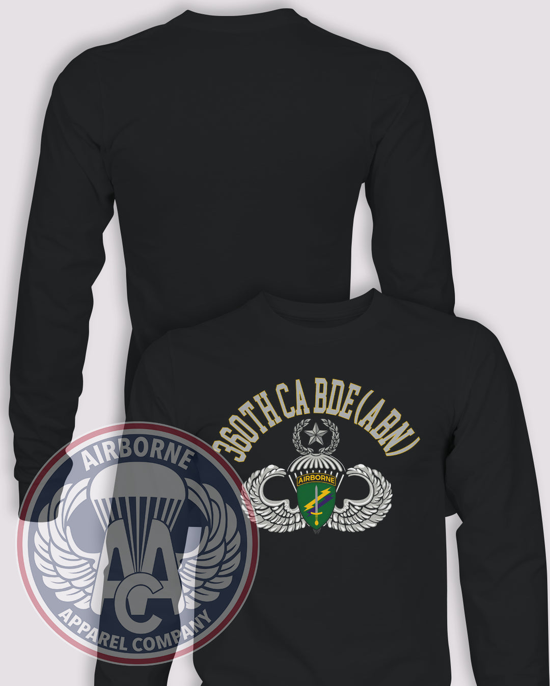 360th Civil Affairs Brigade (ABN) Replica Long Sleeve T-shirt – Black – 360CA-002; front print, blank back and sleeves