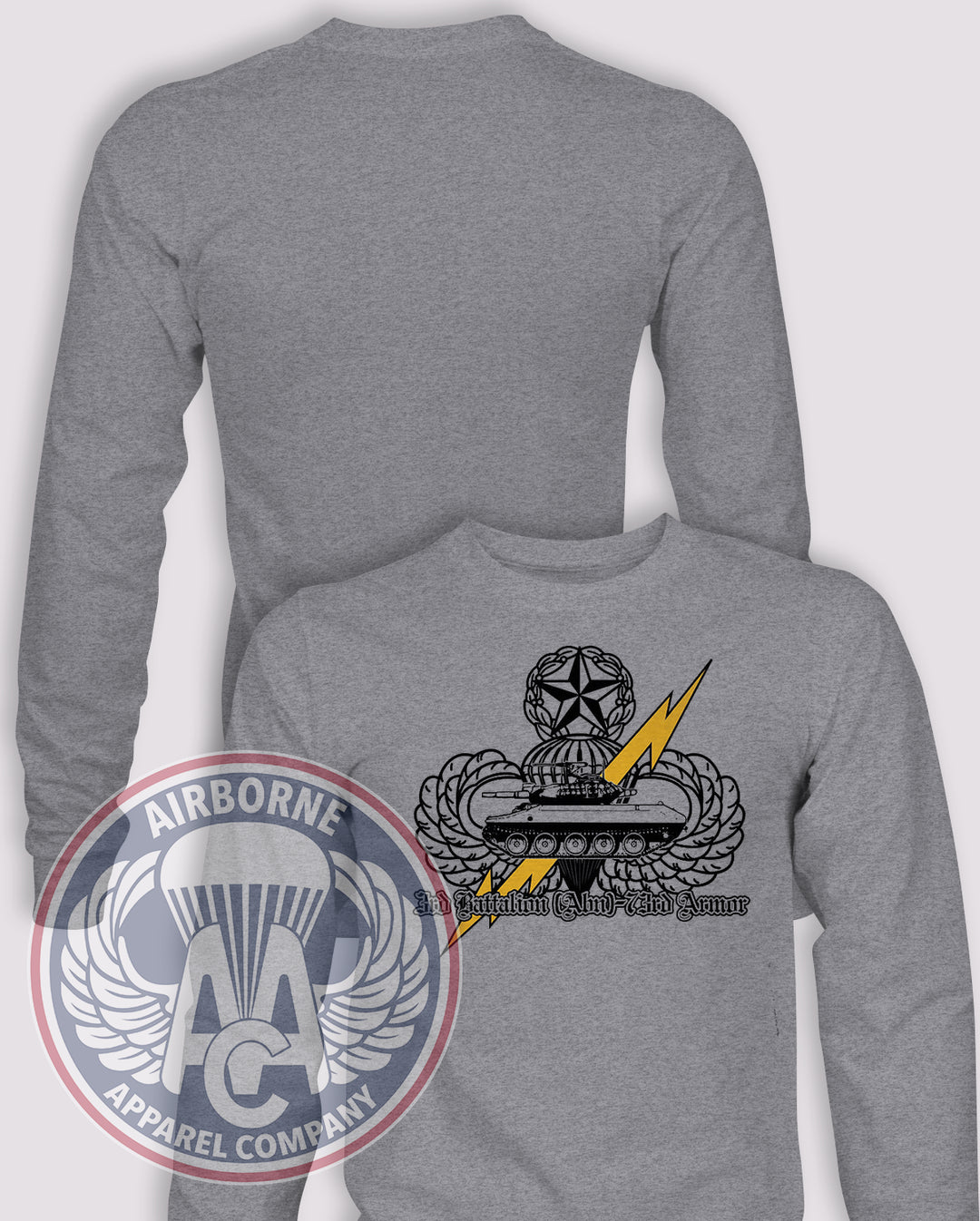 3/73 ARMOR 90s Reproduction Long Sleeve T-shirt – Heather Grey – 373AR-001HG; front print, blank back and sleeves
