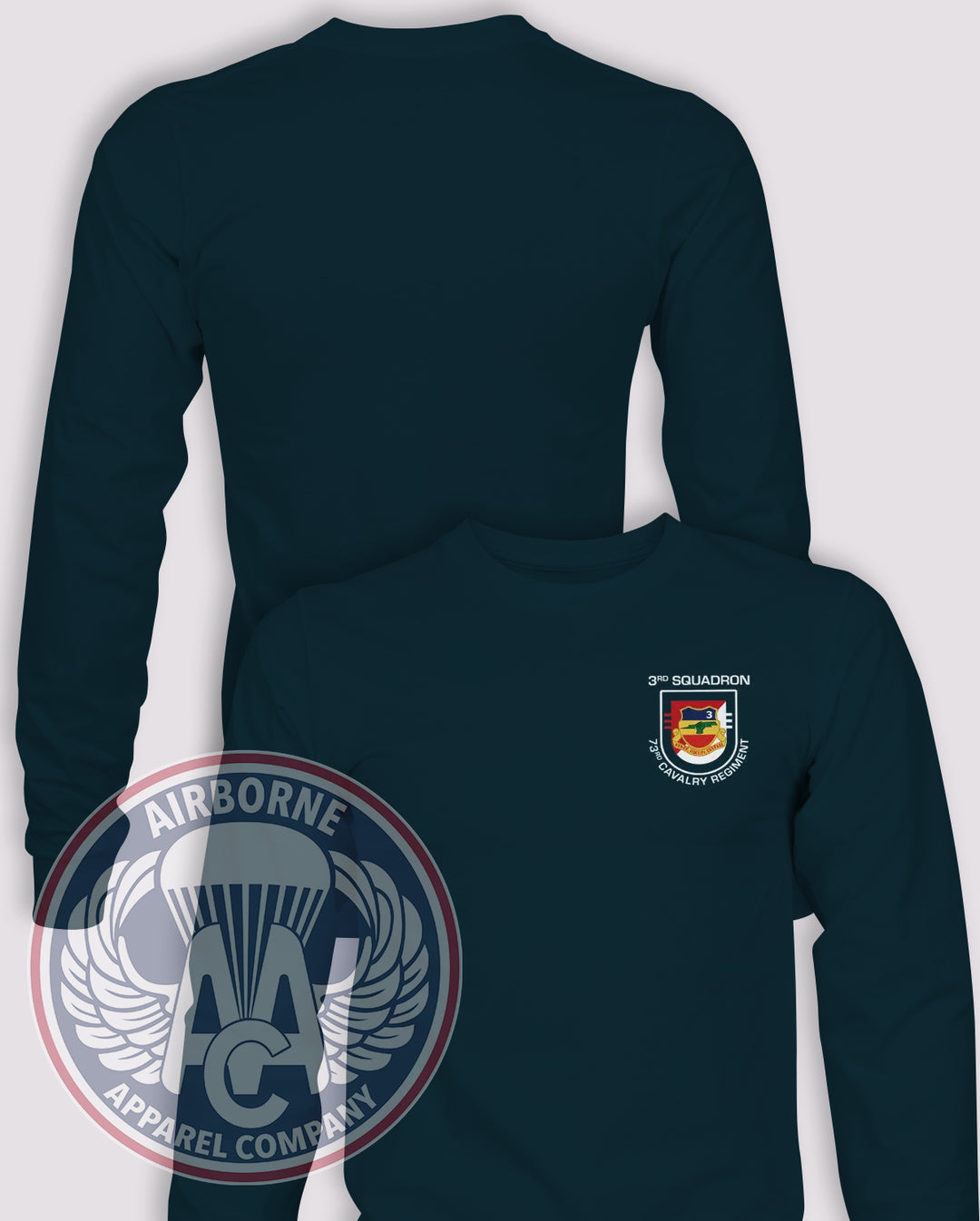3rd Squadron 73rd Cavalry Regiment Crest Long Sleeve T-shirt — Navy — front print, blank back and sleeves