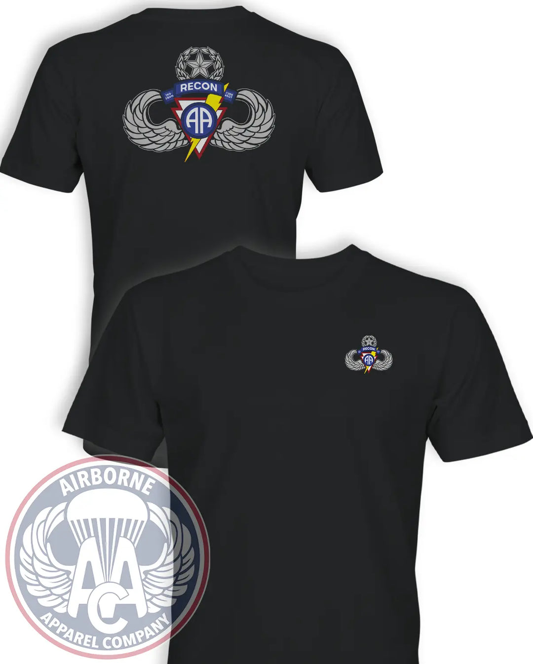 3rd Squadron 73rd Cavalry Regiment Airborne Recon T-shirt in Black, front and back