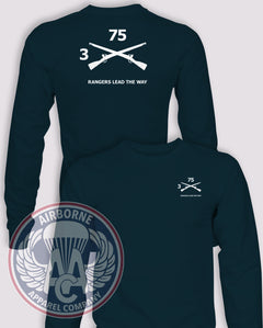 3-75th Infantry Regiment Guidon Long-Sleeve T-Shirt, Navy Blue, 3/75, front and back views