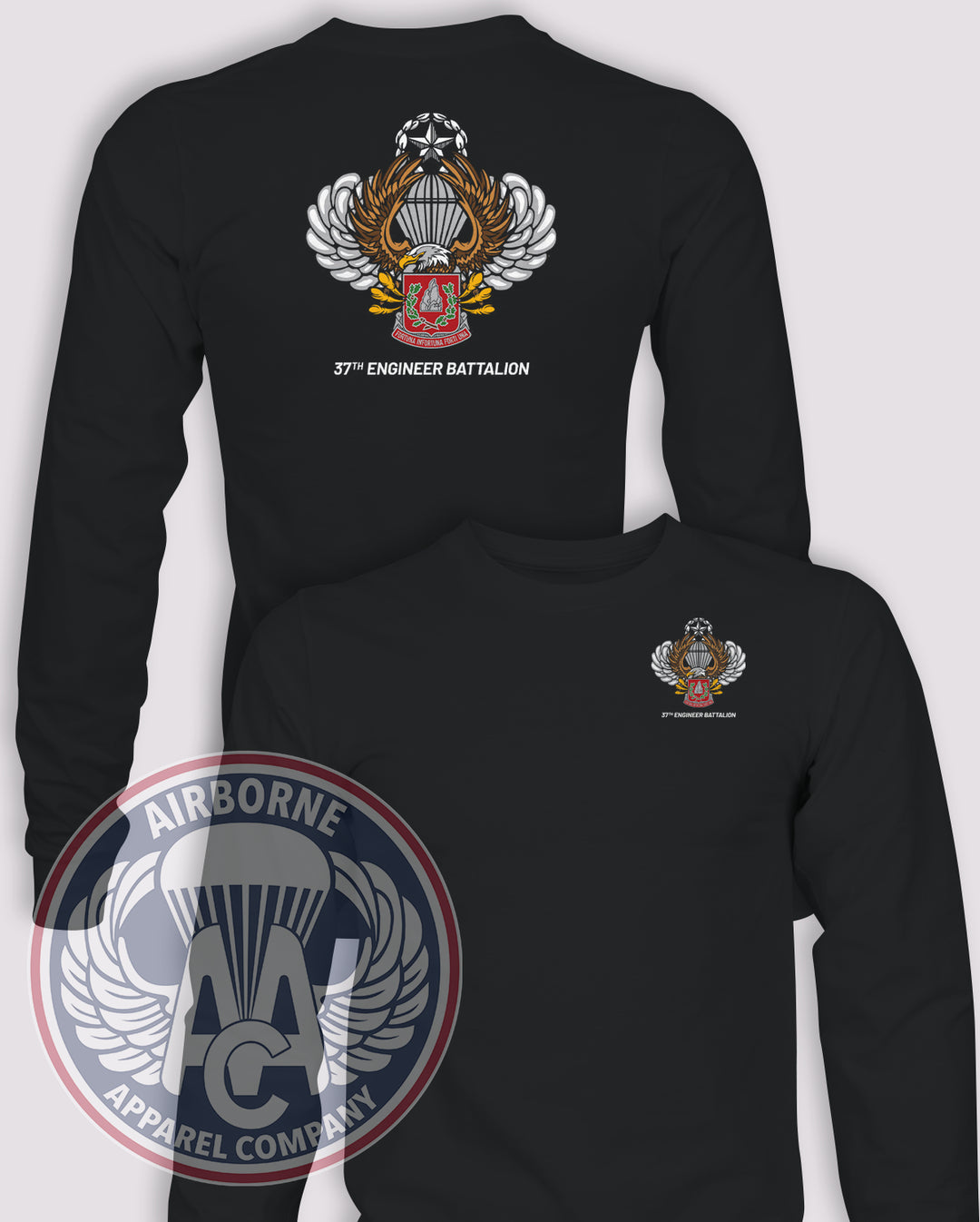 37th Engineer Battalion Long-Sleeve T-Shirt Reproduction, Black, front and back views