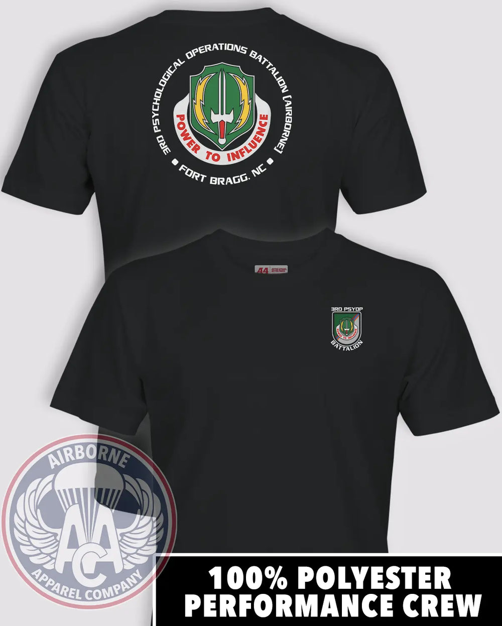 3rd Psychological Operations Battalion (Airborne) black performance T-shirt, front and back views