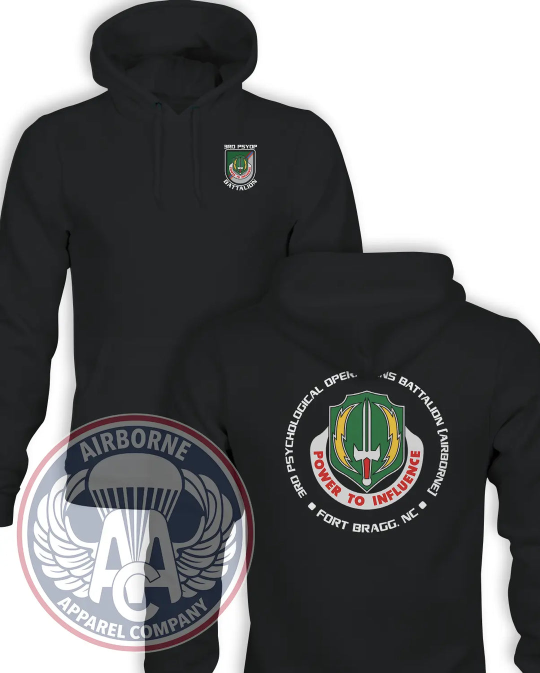 3rd Psychological Operations Battalion (Airborne) black Champion Powerblend hoodie, front and back views